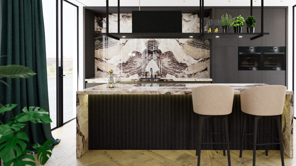 Interieurarchitect Dronten Ontwerp Design keuken met bookmatch achterwand