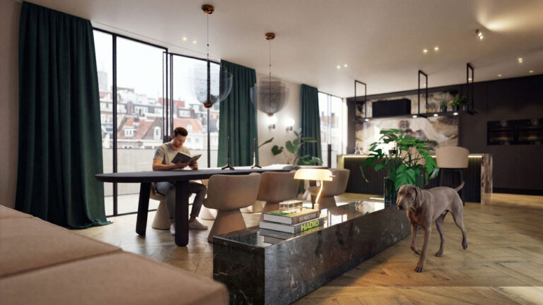 Modern interieurontwerp luxe penthouse: man leest aan design eettafel, donkergroene gordijnen, Weimaraner op visgraatparket, marmeren salontafel, en verfijnde verlichting.